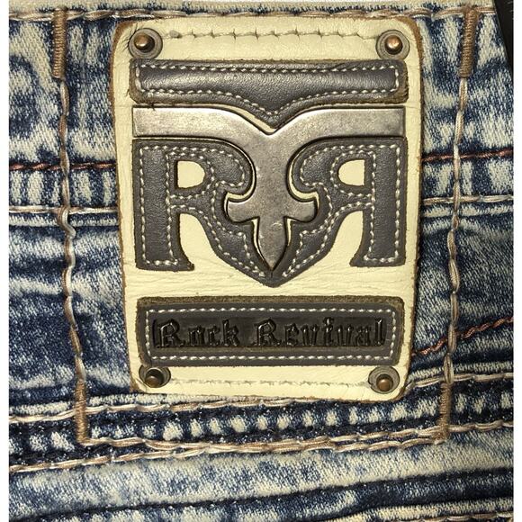 Rock & Revival Wales Straight Mens Blue Jeans Distressed Denim Embroidered 38x31 - Picture 10 of 13